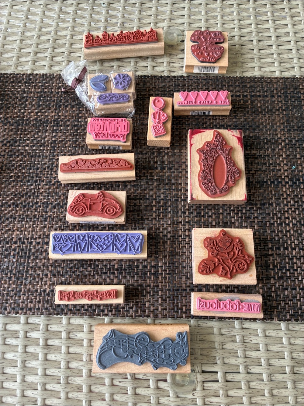 Assorted Rubber Wood Mounted Craft Stamps - Pink, Red, Purple, Blue 16